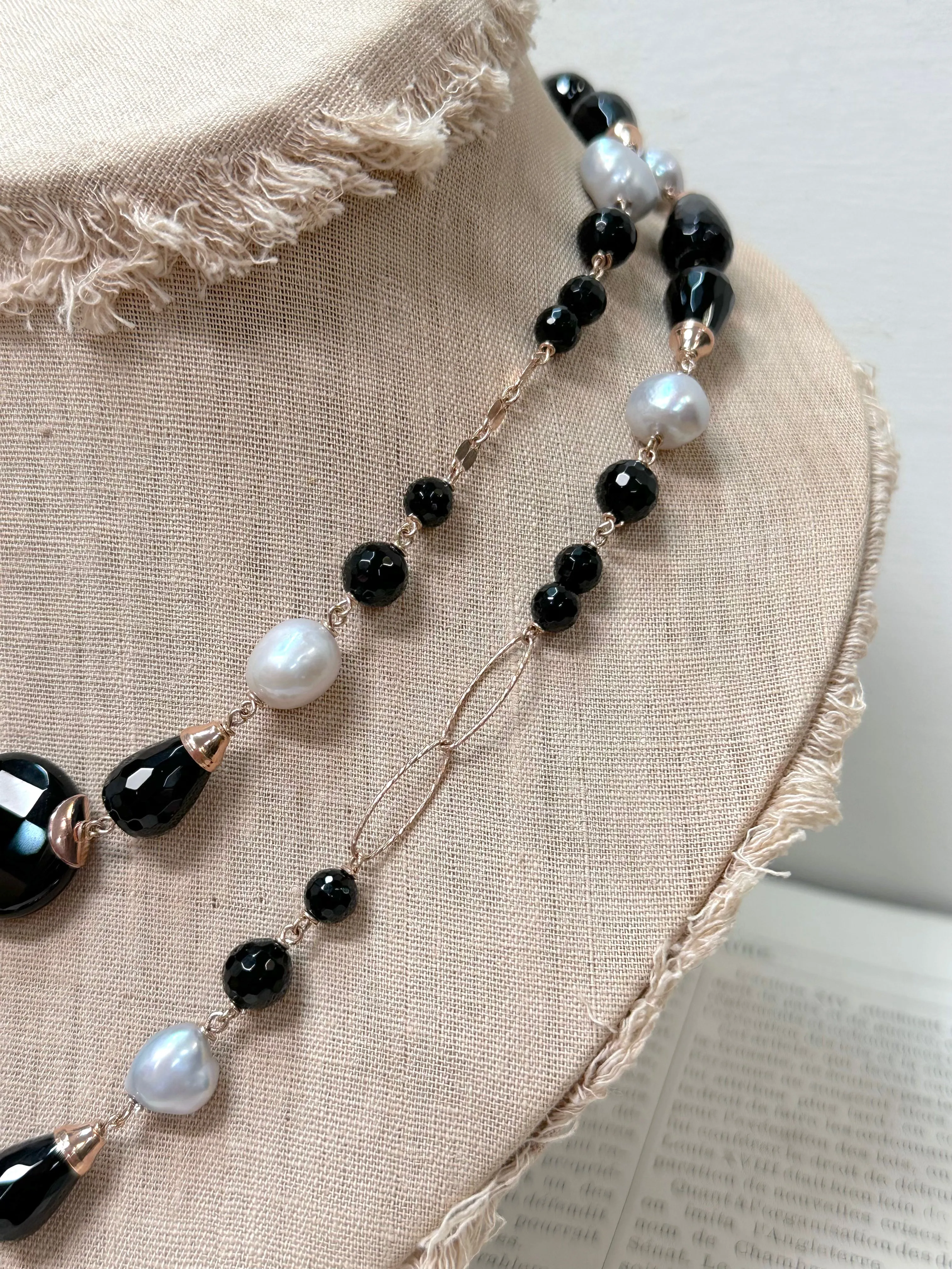 Italian Black Agate And Silver Pearl Long Necklace