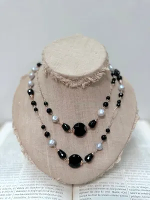 Italian Black Agate And Silver Pearl Long Necklace