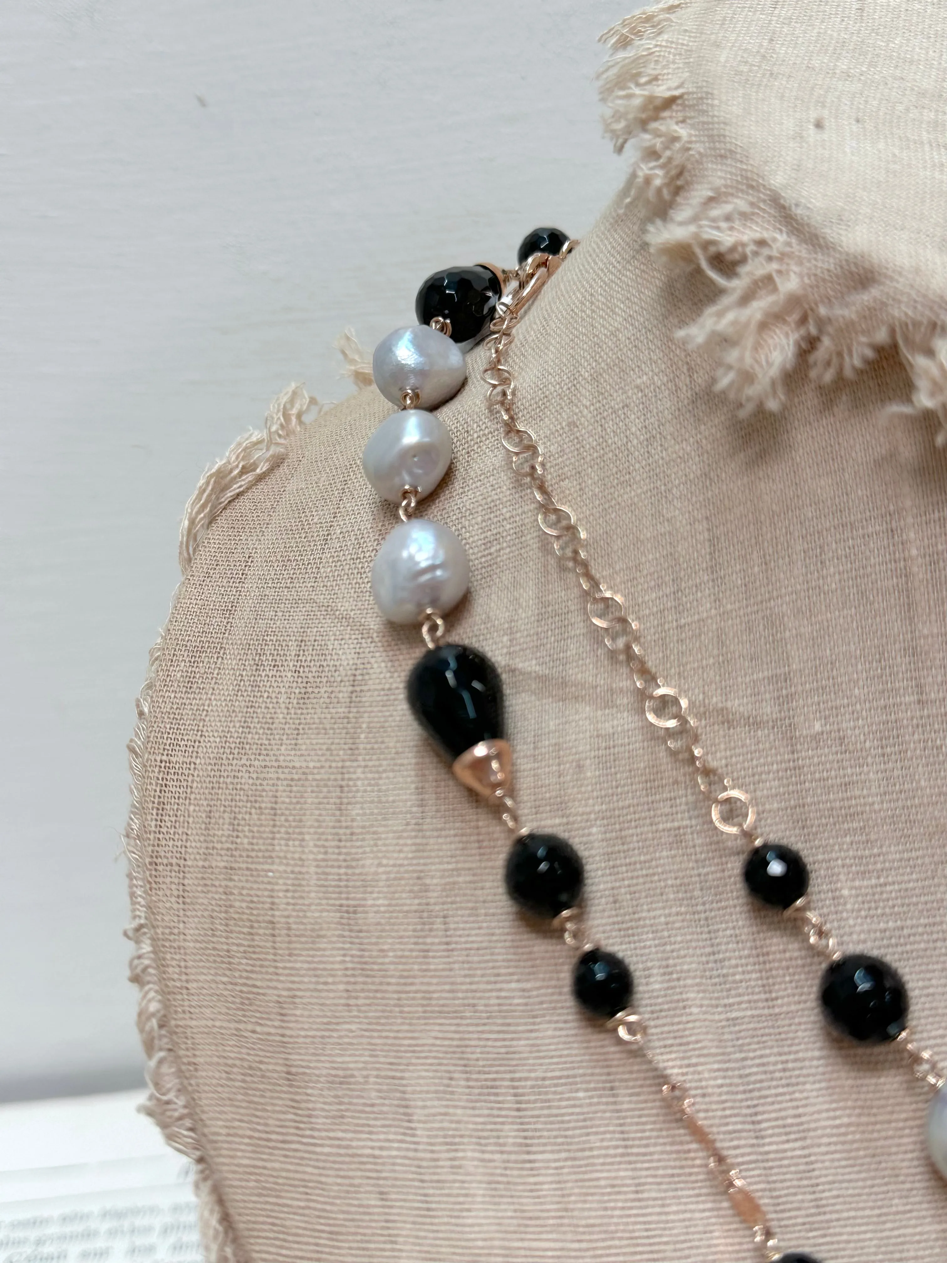 Italian Black Agate And Silver Pearl Long Necklace