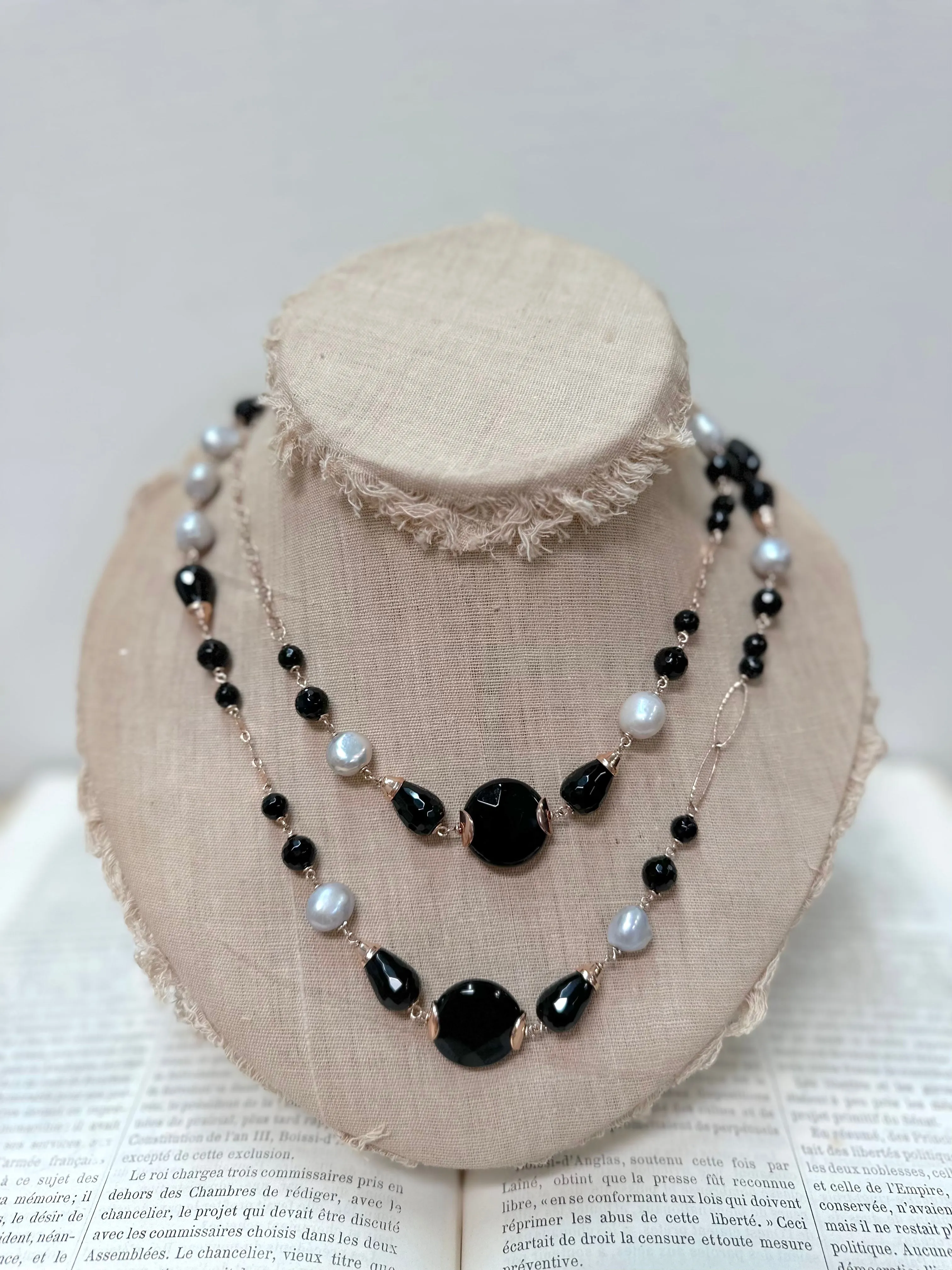 Italian Black Agate And Silver Pearl Long Necklace