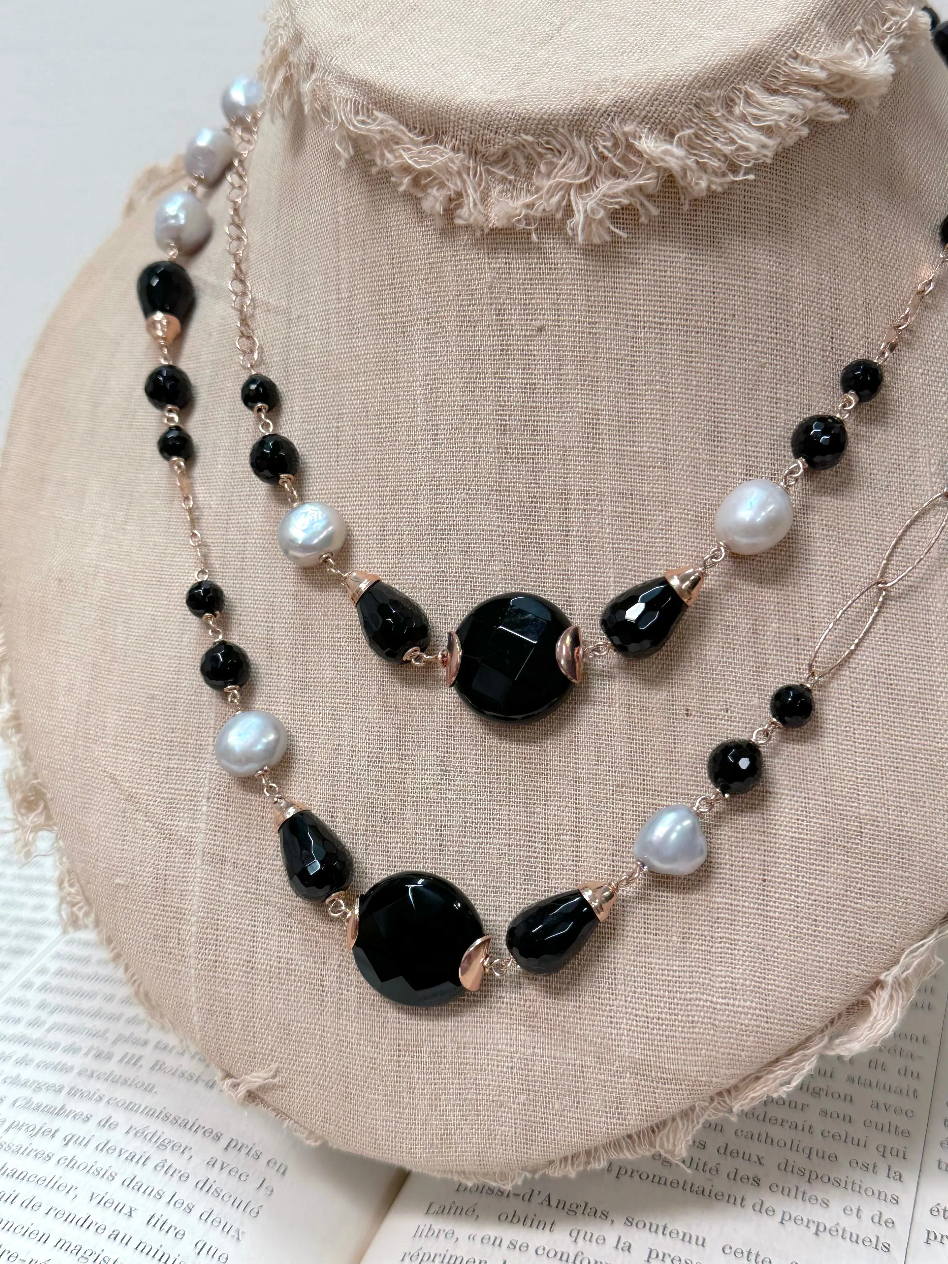 Italian Black Agate And Silver Pearl Long Necklace