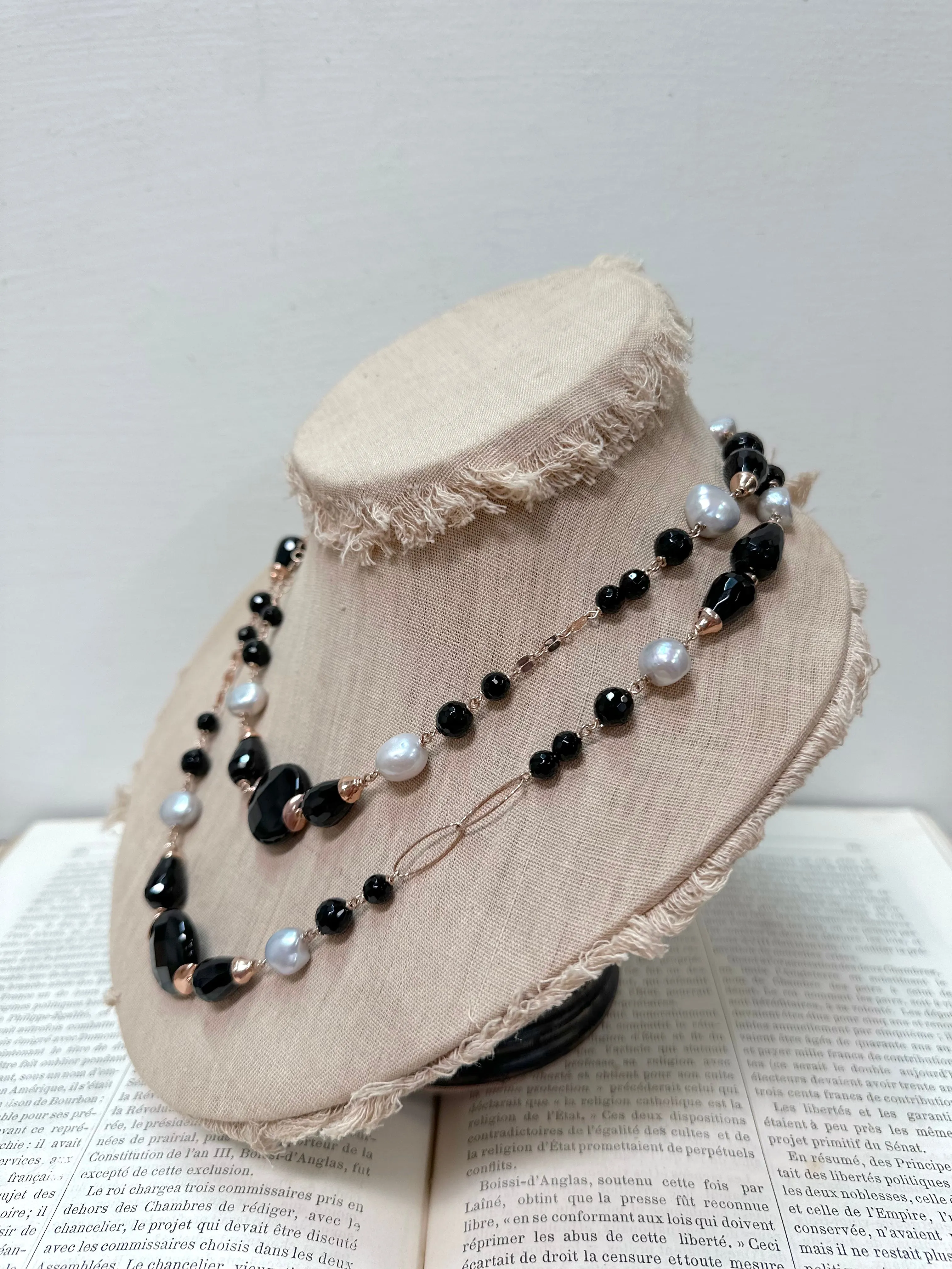 Italian Black Agate And Silver Pearl Long Necklace