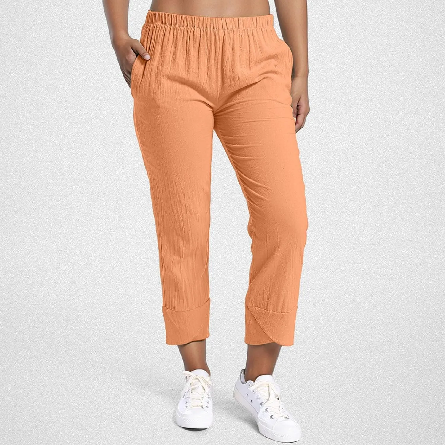 Linen Capri Pants Womens Casual Summer Trendy Elastic Waist Loose Trouser Lounge Athletic Yoga Pants Beach Plus Size