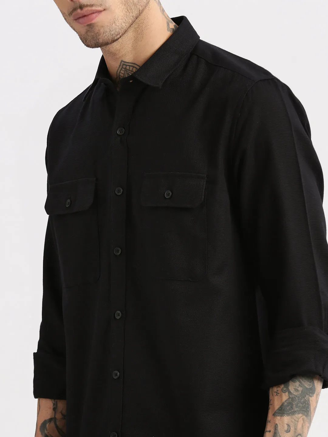 Men Black Standard Slim Fit Spread Collar Oxford Cotton Casual Shirt