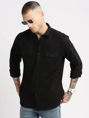 Men Black Standard Slim Fit Spread Collar Oxford Cotton Casual Shirt