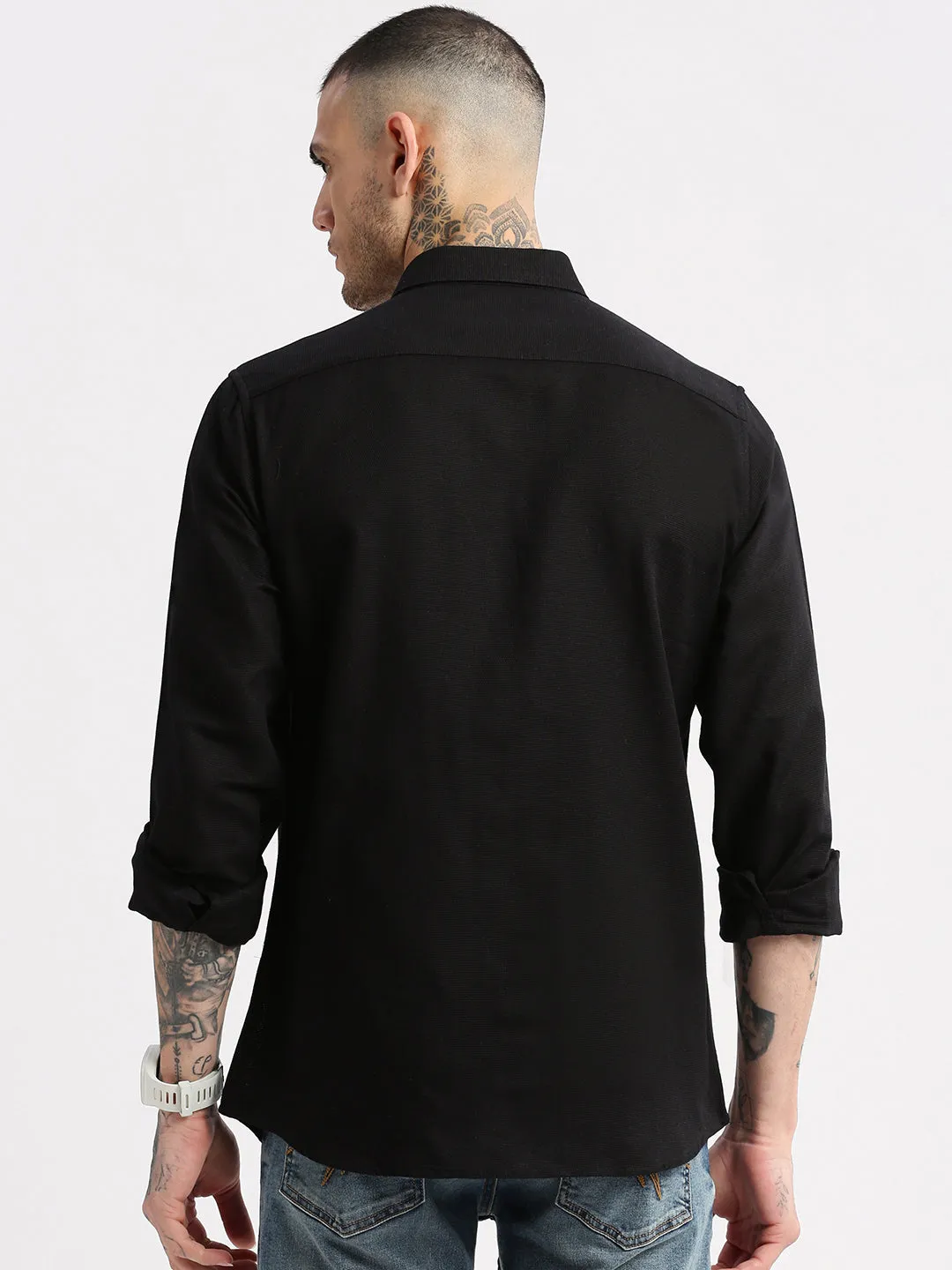 Men Black Standard Slim Fit Spread Collar Oxford Cotton Casual Shirt