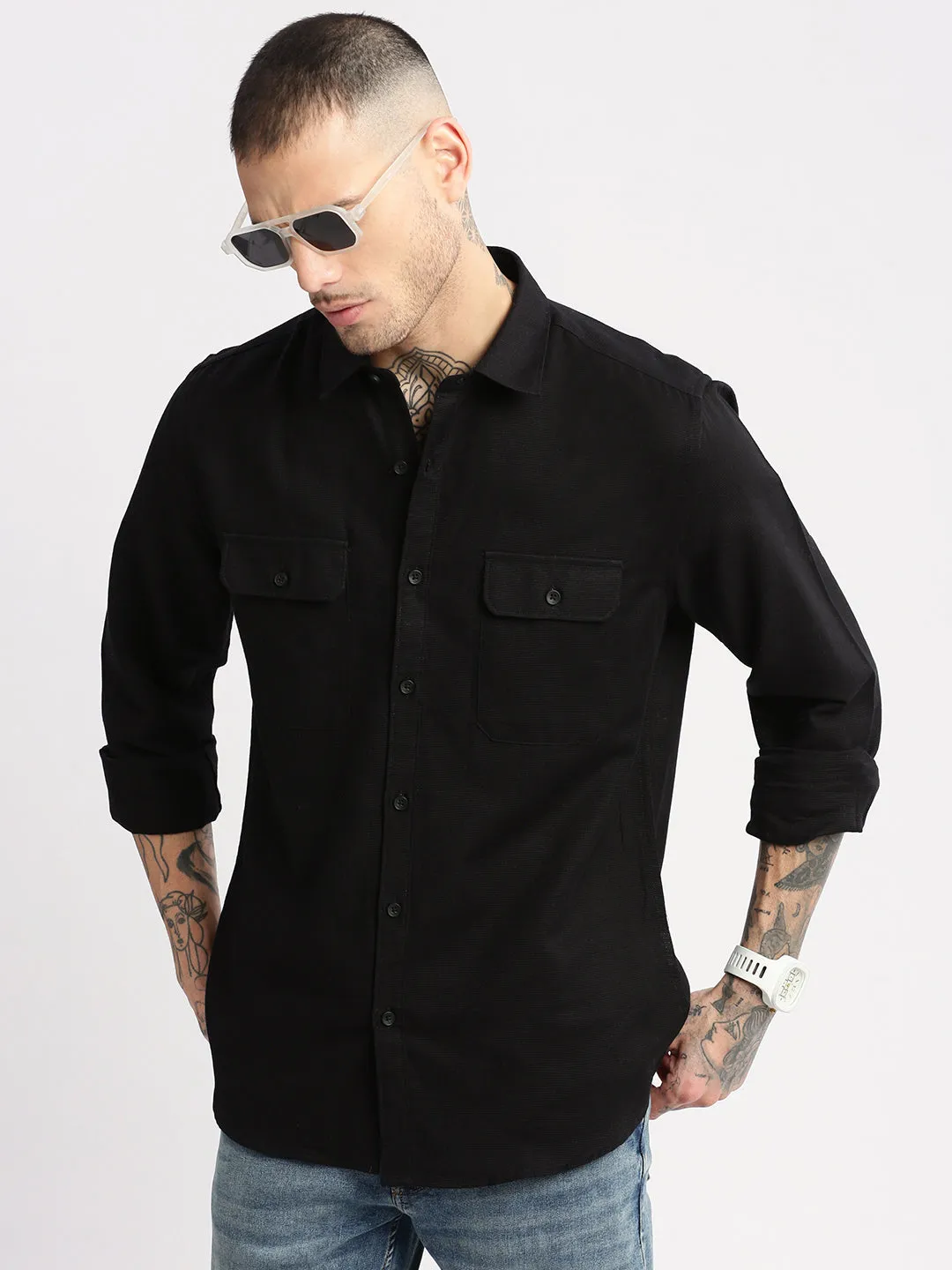 Men Black Standard Slim Fit Spread Collar Oxford Cotton Casual Shirt