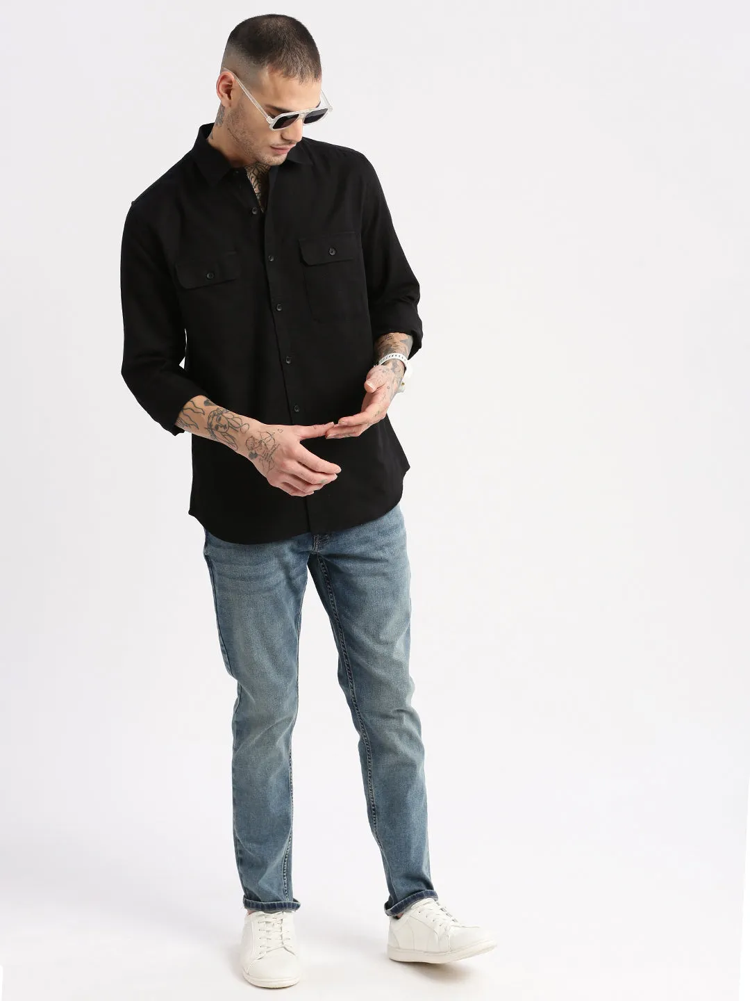Men Black Standard Slim Fit Spread Collar Oxford Cotton Casual Shirt