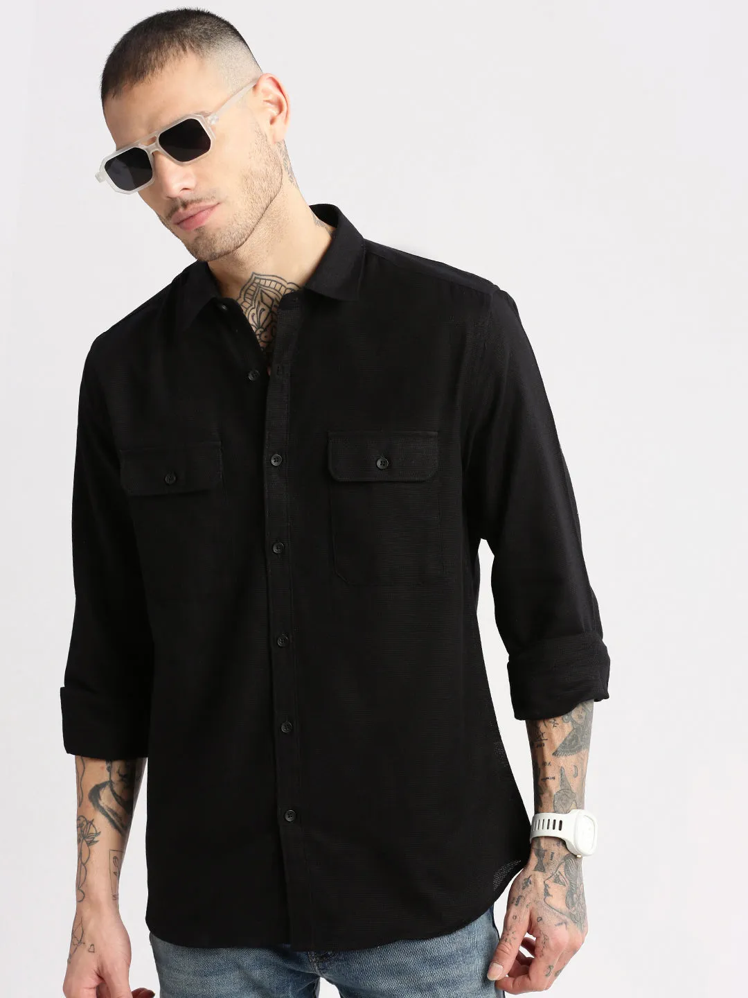 Men Black Standard Slim Fit Spread Collar Oxford Cotton Casual Shirt