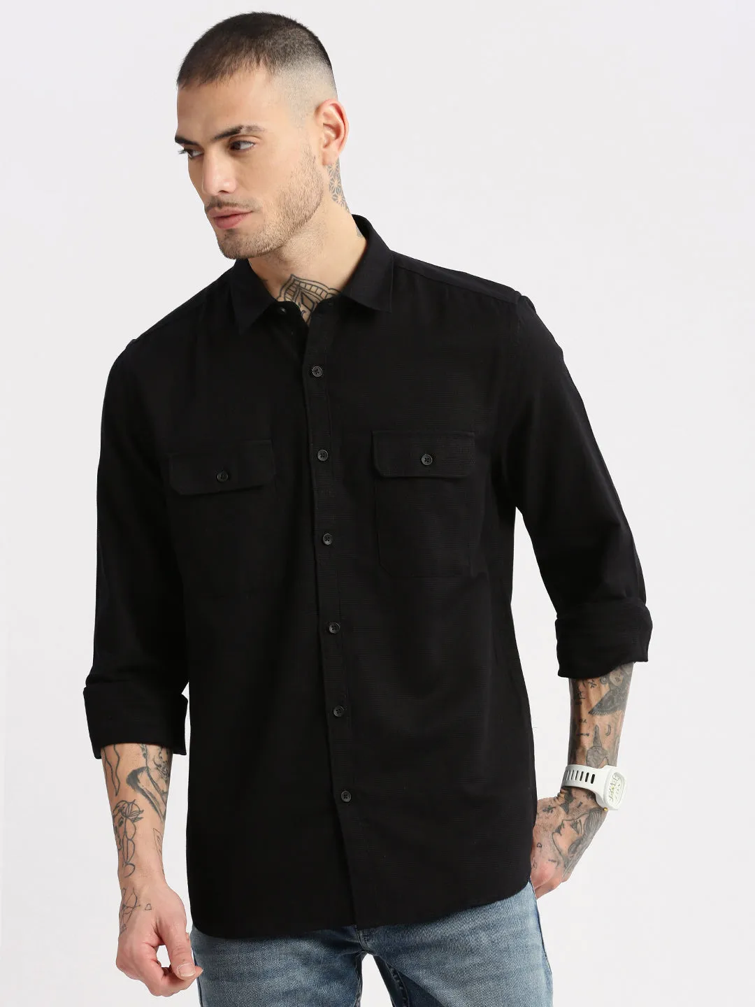 Men Black Standard Slim Fit Spread Collar Oxford Cotton Casual Shirt