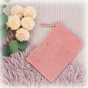 Pink suede mini clutch bag