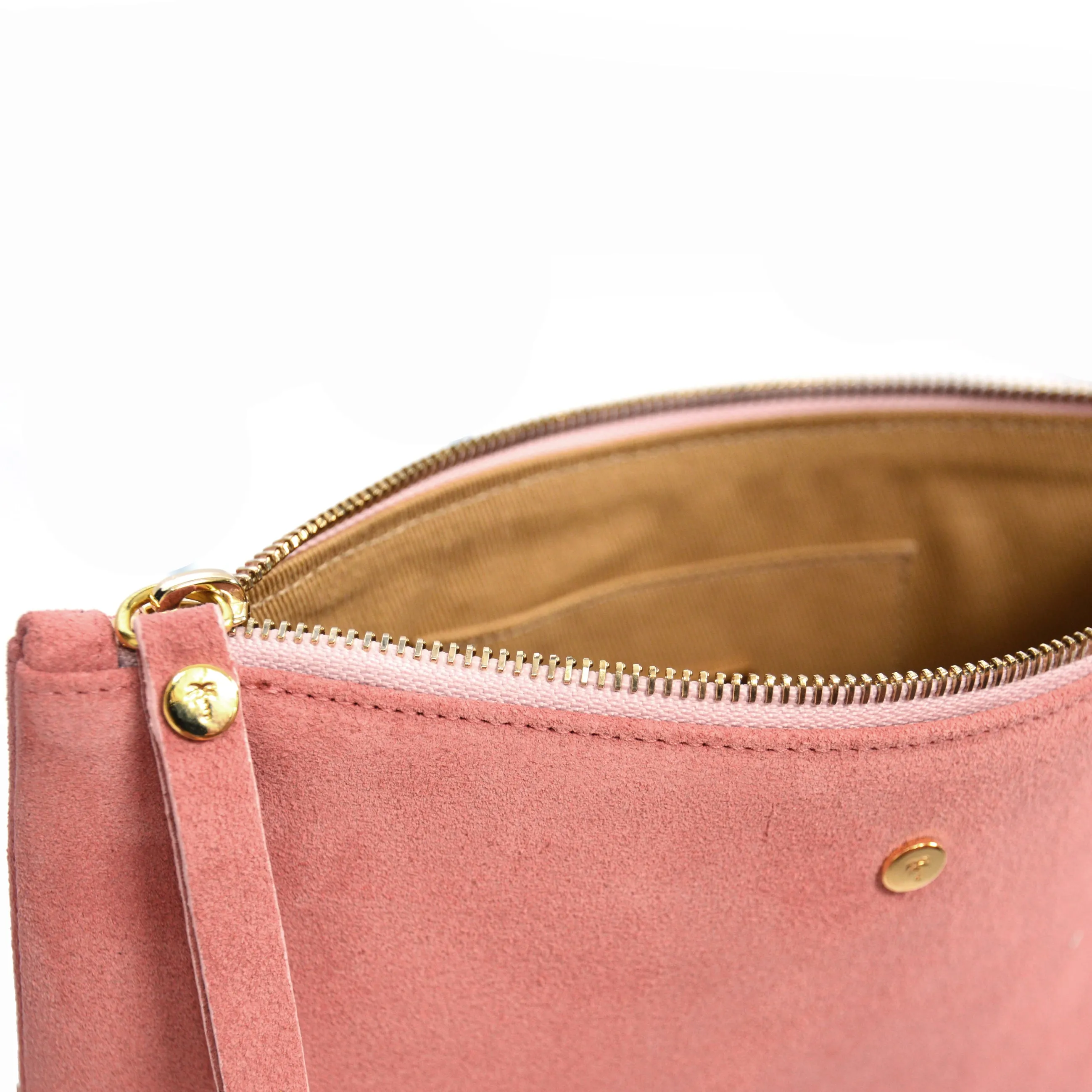 Pink suede mini clutch bag