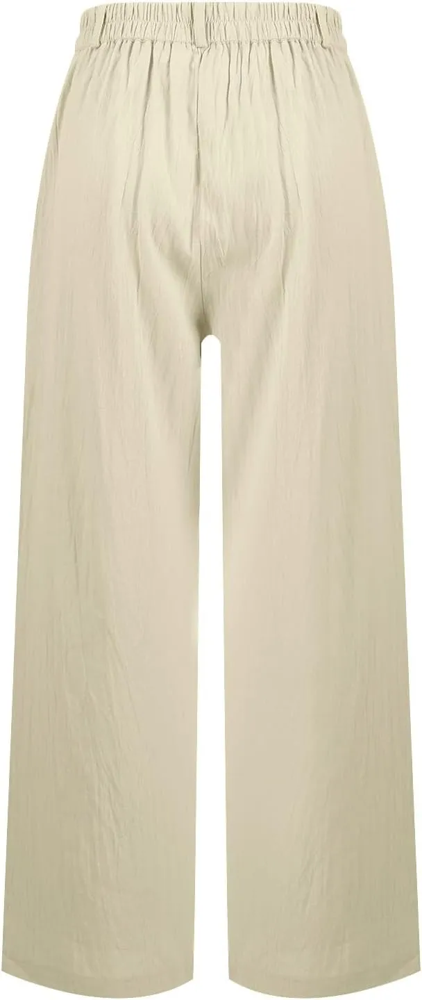 Wide Leg Linen Pants for Women 2025 Trendy Lightweight Summer Palazzo Pants Straight Leg Work Trousers with Pockets
