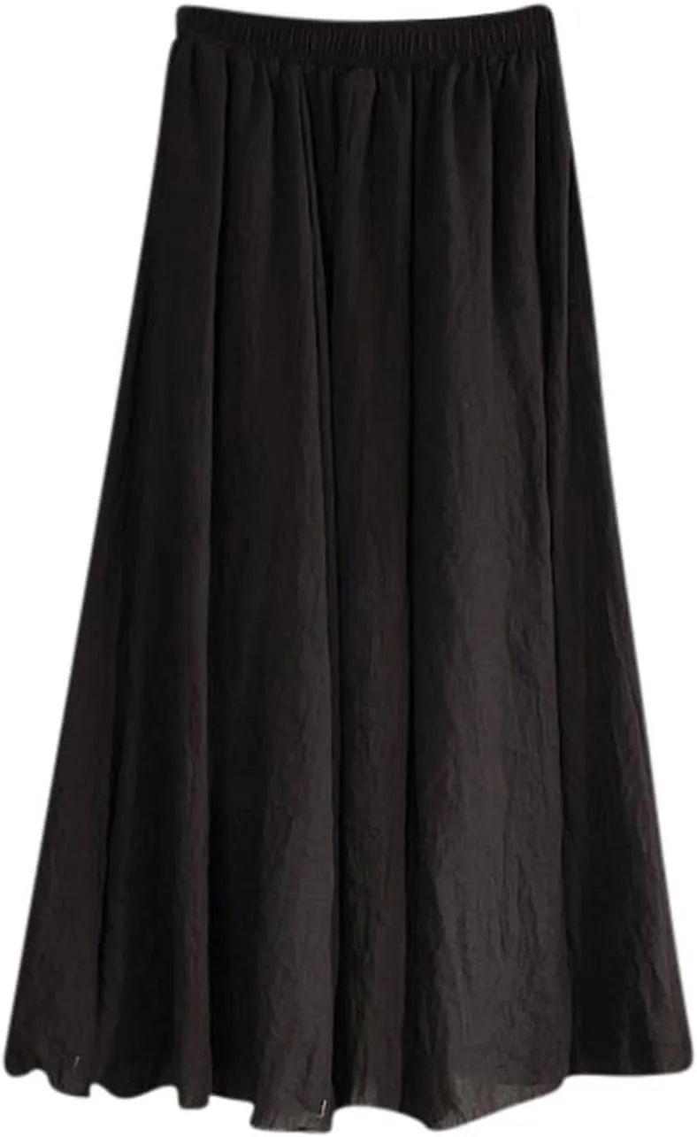 Womens Summer Linen Skirts Flowy Beach Skirts High Waist Pleated Skirts A-Line Cotton Skirts Long Vacation Skirts
