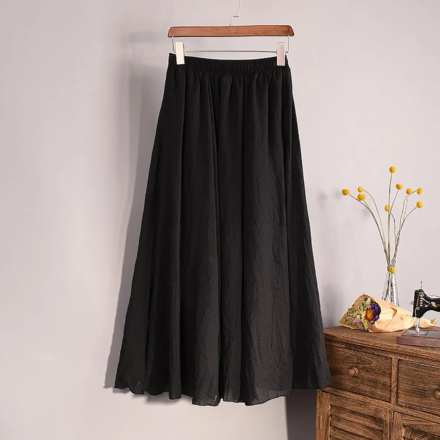 Womens Summer Linen Skirts Flowy Beach Skirts High Waist Pleated Skirts A-Line Cotton Skirts Long Vacation Skirts